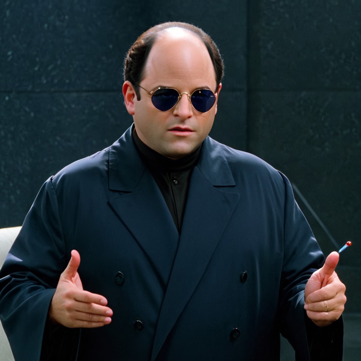 George Costanza dressed as Morpheus from the Matrix offering a blue or red pill.
 <lora:George_Costanza-000003:1>